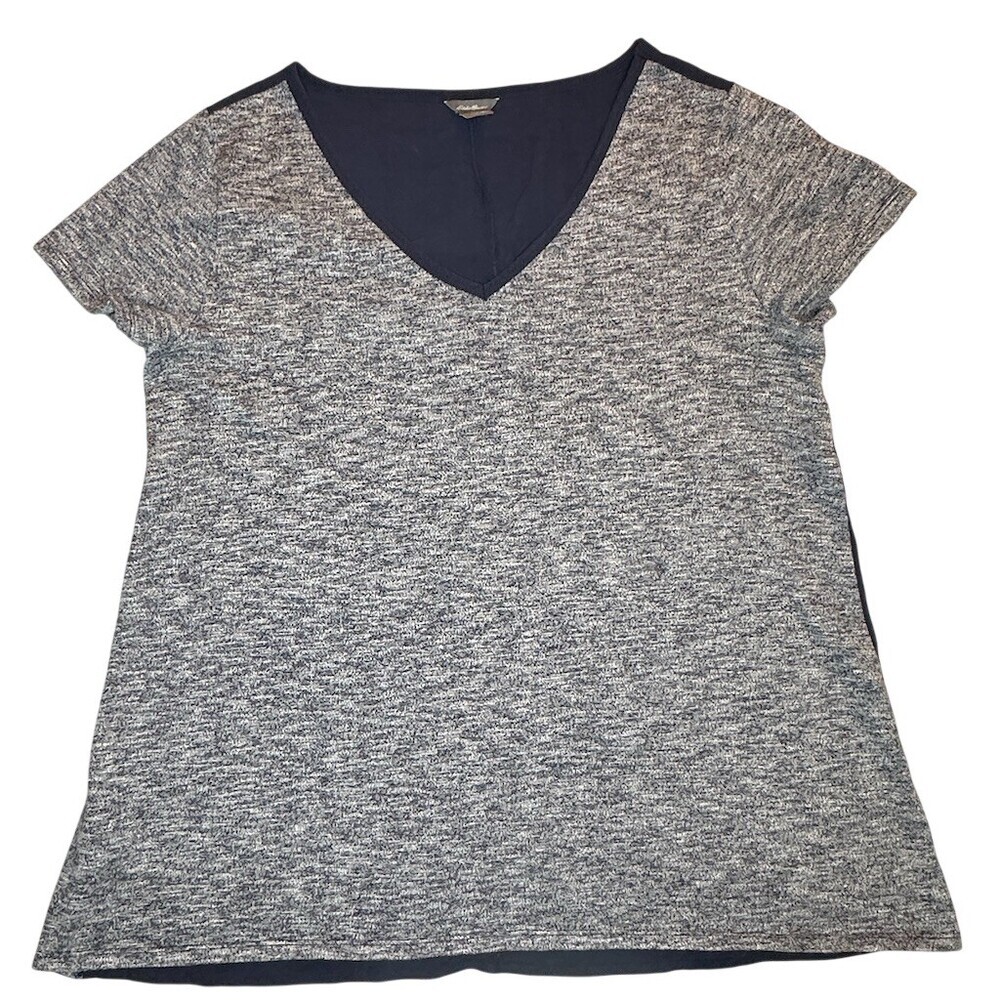 Eddie Bauer T-Shirt Womens L Gray Navy Colorblock V-Neck Short Sleeve